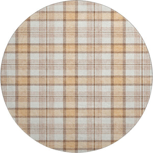 HomeRoots 8' Stylish Peach Ivory Brown Plaid Washable Round Rug with UV Protection for Indoor & Outdoor Use 682496