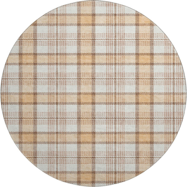 HomeRoots 8' Stylish Peach Ivory Brown Plaid Washable Round Rug with UV Protection for Indoor & Outdoor Use 682496