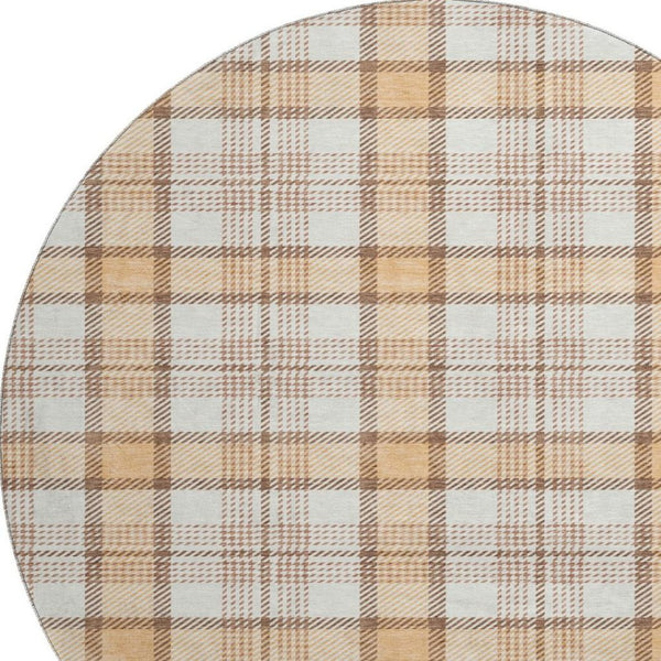 HomeRoots 8' Stylish Peach Ivory Brown Plaid Washable Round Rug with UV Protection for Indoor & Outdoor Use 682496
