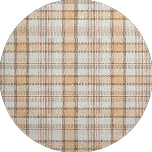 HomeRoots 8' Stylish Peach Ivory Brown Plaid Washable Round Rug with UV Protection for Indoor & Outdoor Use 682496