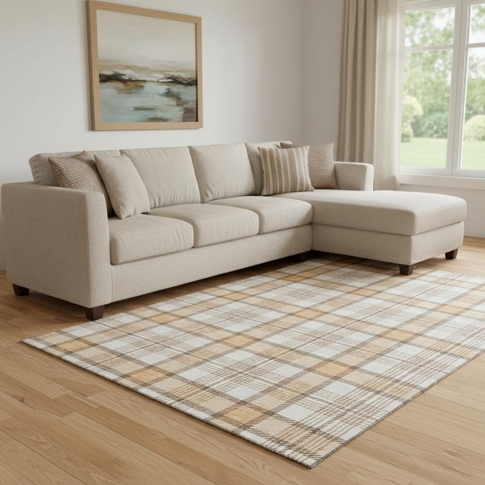 HomeRoots 8' X 10' Stylish Peach Ivory Brown Plaid Washable Area Rug - UV Protected, Durable & Easy Care 682497