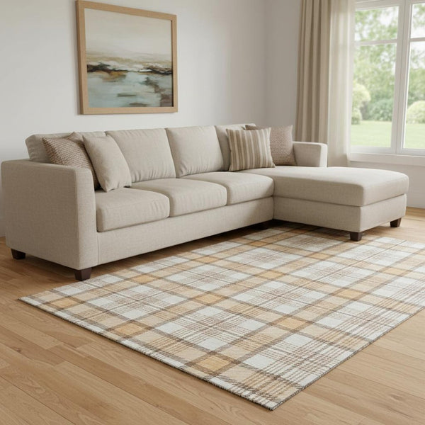 HomeRoots 8' X 10' Stylish Peach Ivory Brown Plaid Washable Area Rug - UV Protected, Durable & Easy Care 682497