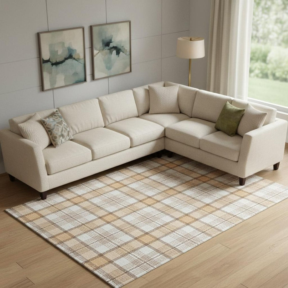 HomeRoots 9' X 12' Peach Ivory Brown Plaid Area Rug - Durable, Stain-Resistant, UV Protected for Homes & Kids 682498