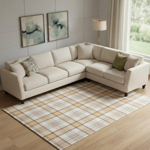 HomeRoots 9' X 12' Peach Ivory Brown Plaid Area Rug - Durable, Stain-Resistant, UV Protected for Homes & Kids 682498