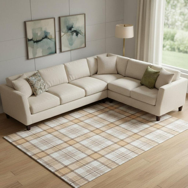 HomeRoots 9' X 12' Peach Ivory Brown Plaid Area Rug - Durable, Stain-Resistant, UV Protected for Homes & Kids 682498