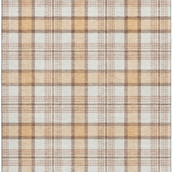 HomeRoots 9' X 12' Peach Ivory Brown Plaid Area Rug - Durable, Stain-Resistant, UV Protected for Homes & Kids 682498