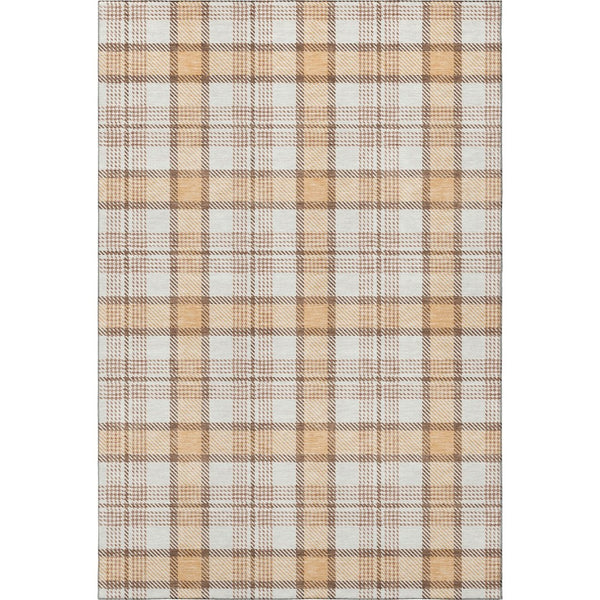 HomeRoots 9' X 12' Peach Ivory Brown Plaid Area Rug - Durable, Stain-Resistant, UV Protected for Homes & Kids 682498