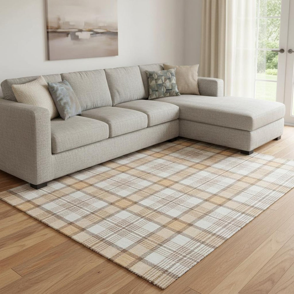 HomeRoots 10' Peach Ivory Brown Plaid Washable Area Rug with UV Protection for Family Rooms & Patios 682499