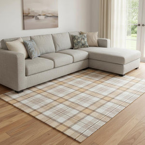 HomeRoots 10' Peach Ivory Brown Plaid Washable Area Rug with UV Protection for Family Rooms & Patios 682499