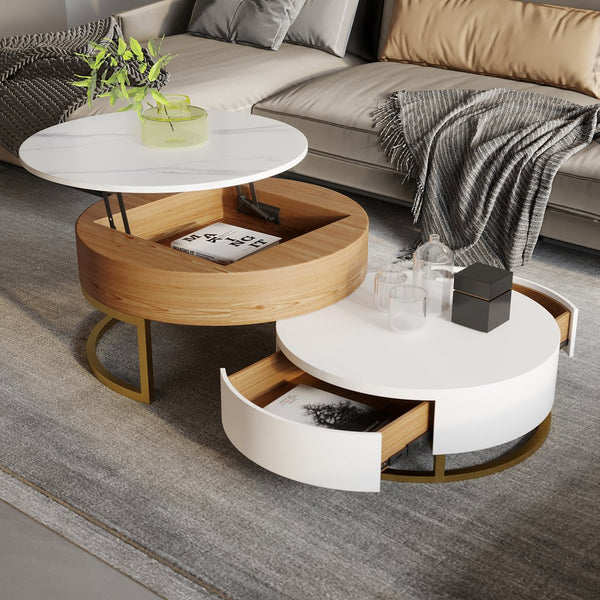 English Elm Dolce Round Lift-Top Wood Coffee Table with Convertible Heights and Sturdy Iron Frame, Modern Chic White B341S00042
