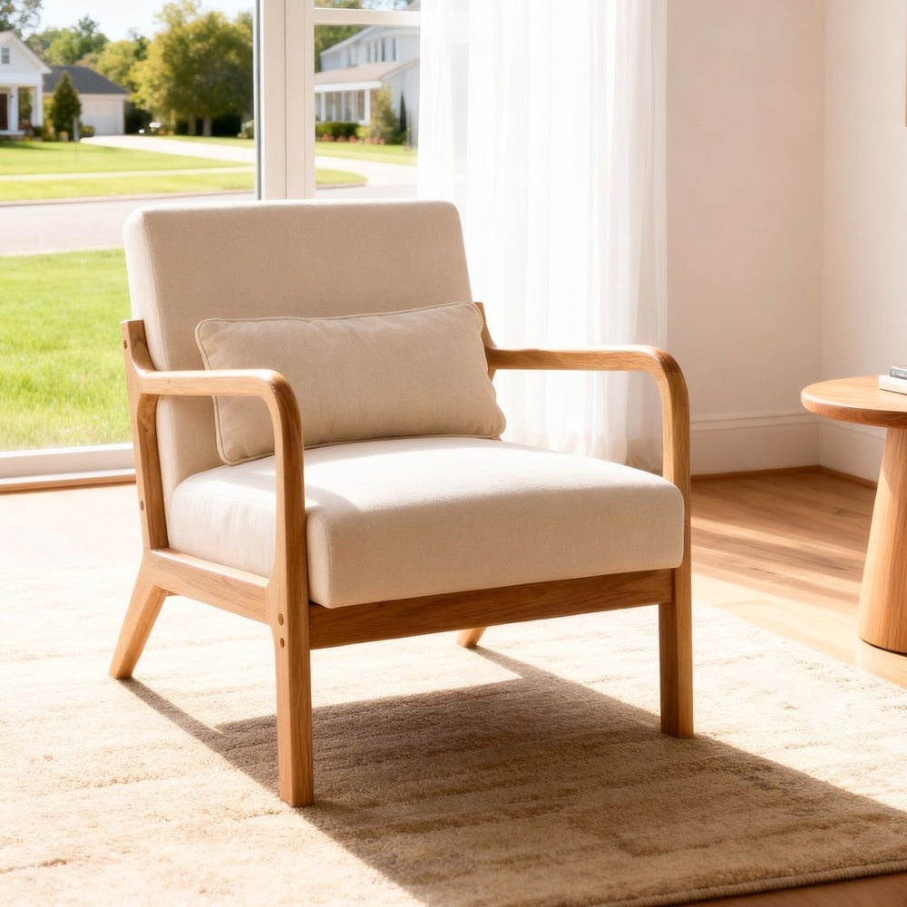 English Elm Mid Century Modern Accent Chair Solid Rubberwood Frame Lumbar Pillow Beige Living Room W2989P426363