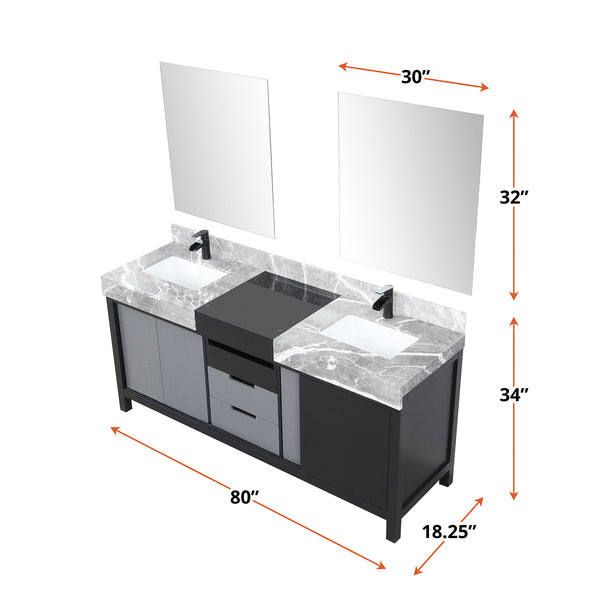 English Elm Black Double Bath Vanity 80" W With Castle Grey Marble Top, Matte Black Faucet & Stylish Mirrors B2731S01161