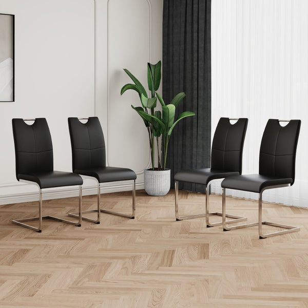 English Elm Modern Faux Leather Dining Side Chairs with Chrome Legs Ergonomic Set of 2 Black+Silver W210127285