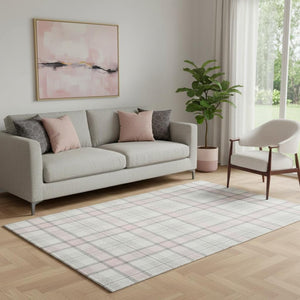 HomeRoots 5' X 8' Washable Pink, Ivory & Gray Plaid Area Rug with UV Protection, Stain Resistance & Durability 682501