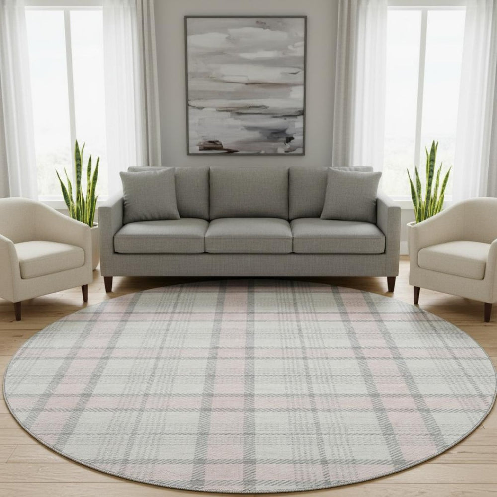 HomeRoots 8' Washable Pink Ivory Gray Plaid Round Area Rug with UV Protection for Stylish, Durable Living Spaces 682502