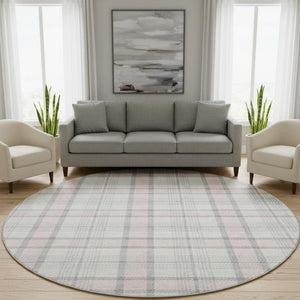 HomeRoots 8' Washable Pink Ivory Gray Plaid Round Area Rug with UV Protection for Stylish, Durable Living Spaces 682502