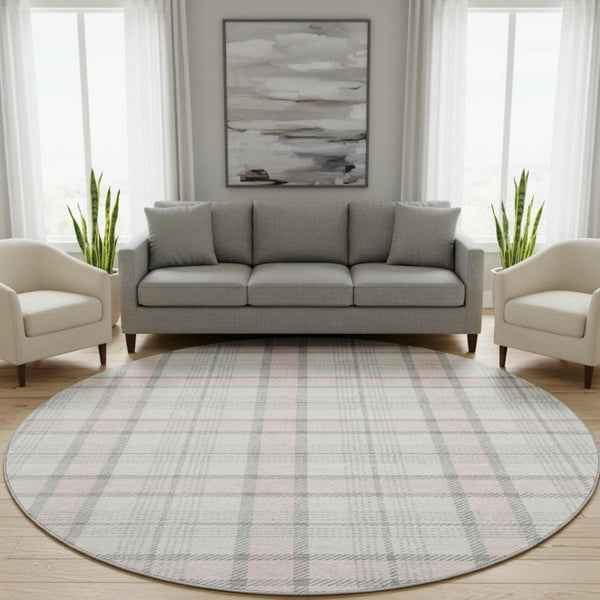 HomeRoots 8' Washable Pink Ivory Gray Plaid Round Area Rug with UV Protection for Stylish, Durable Living Spaces 682502