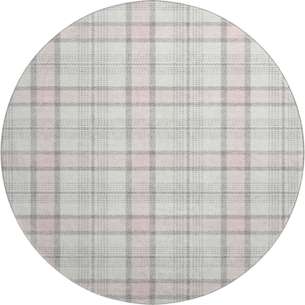HomeRoots 8' Washable Pink Ivory Gray Plaid Round Area Rug with UV Protection for Stylish, Durable Living Spaces 682502