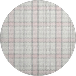 HomeRoots 8' Washable Pink Ivory Gray Plaid Round Area Rug with UV Protection for Stylish, Durable Living Spaces 682502