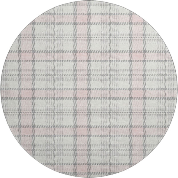 HomeRoots 8' Washable Pink Ivory Gray Plaid Round Area Rug with UV Protection for Stylish, Durable Living Spaces 682502