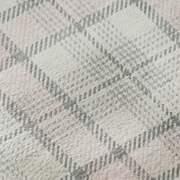 HomeRoots 8' Washable Pink Ivory Gray Plaid Round Area Rug with UV Protection for Stylish, Durable Living Spaces 682502