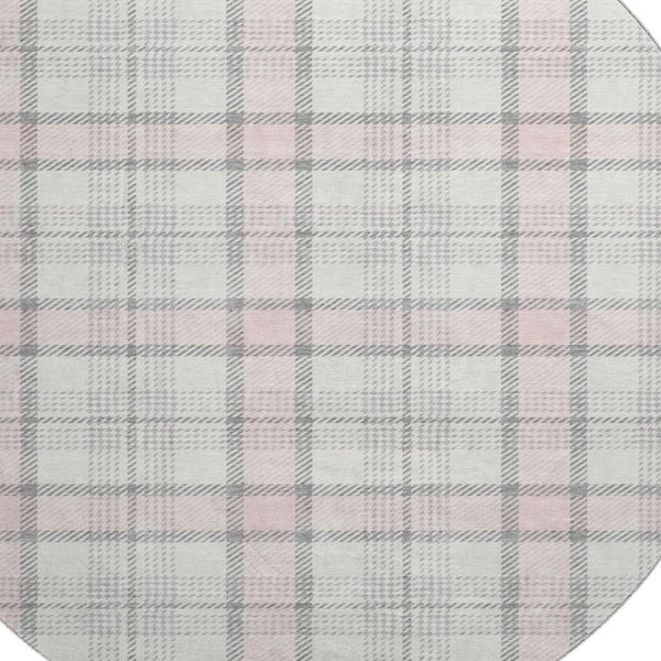 HomeRoots 8' Washable Pink Ivory Gray Plaid Round Area Rug with UV Protection for Stylish, Durable Living Spaces 682502