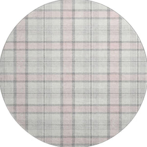 HomeRoots 8' Washable Pink Ivory Gray Plaid Round Area Rug with UV Protection for Stylish, Durable Living Spaces 682502
