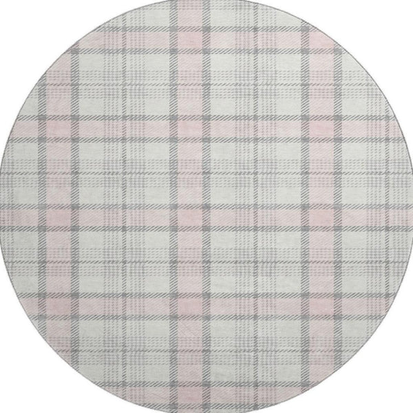 HomeRoots 8' Washable Pink Ivory Gray Plaid Round Area Rug with UV Protection for Stylish, Durable Living Spaces 682502