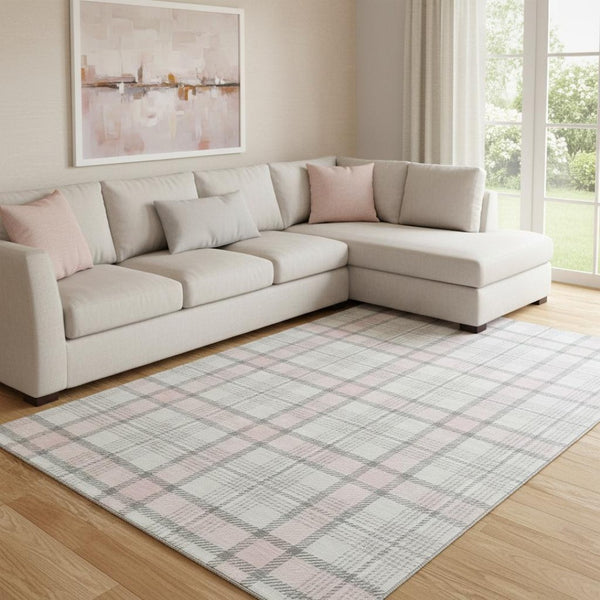 HomeRoots 8' X 10' Pink Ivory Gray Plaid Washable Area Rug - Soft, Durable, Stain-Resistant with UV Protection! 682503