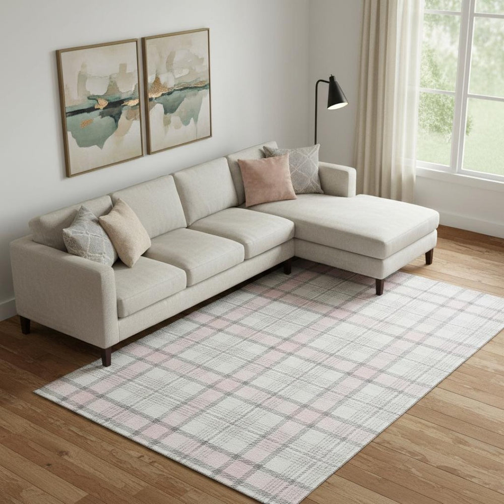 HomeRoots 9' X 12' Washable Pink Ivory Gray Plaid Area Rug with UV Protection - Stylish, Durable & Easy Care! 682504