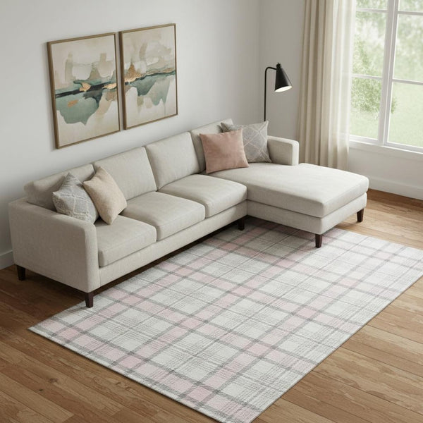 HomeRoots 9' X 12' Washable Pink Ivory Gray Plaid Area Rug with UV Protection - Stylish, Durable & Easy Care! 682504