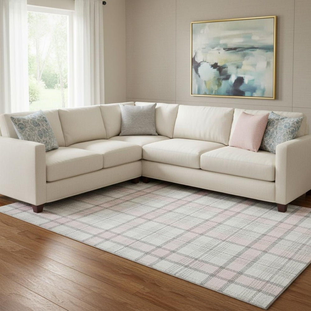 HomeRoots 10' X 14' Washable Pink Ivory Gray Plaid Area Rug - Stain Resistant, UV Protected, Perfect for Homes! 682505