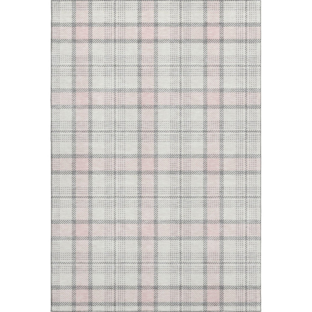 HomeRoots 10' X 14' Washable Pink Ivory Gray Plaid Area Rug - Stain Resistant, UV Protected, Perfect for Homes! 682505