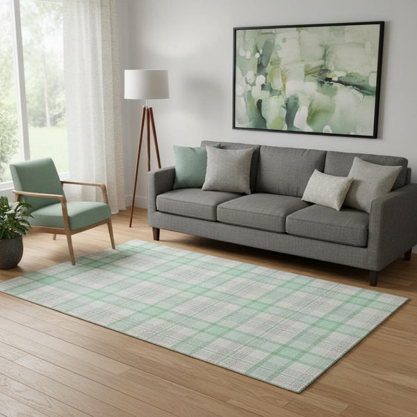 HomeRoots 5' X 8' Aqua Ivory Green Plaid Washable Area Rug with UV Protection for Stylish, Low-Maintenance Living 682507