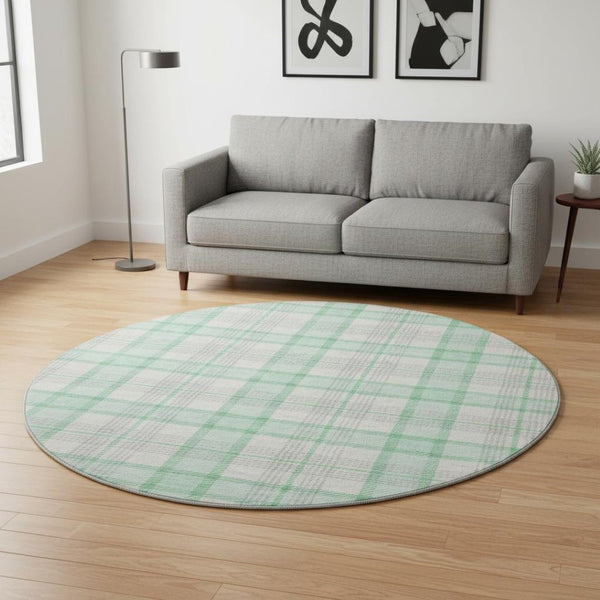 HomeRoots 8' Cozy Aqua Ivory and Green Plaid Washable Round Rug with UV Protection for High-Traffic Spaces 682508