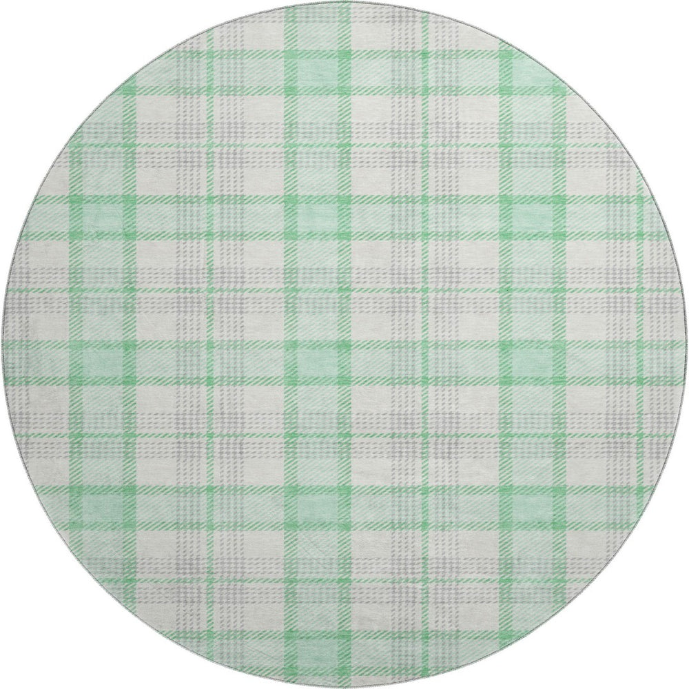 HomeRoots 8' Cozy Aqua Ivory and Green Plaid Washable Round Rug with UV Protection for High-Traffic Spaces 682508