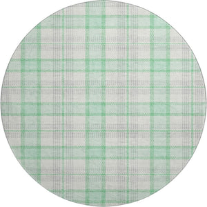 HomeRoots 8' Cozy Aqua Ivory and Green Plaid Washable Round Rug with UV Protection for High-Traffic Spaces 682508