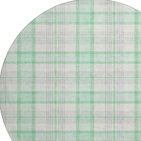 HomeRoots 8' Cozy Aqua Ivory and Green Plaid Washable Round Rug with UV Protection for High-Traffic Spaces 682508