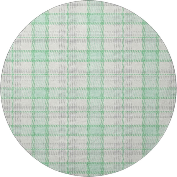 HomeRoots 8' Cozy Aqua Ivory and Green Plaid Washable Round Rug with UV Protection for High-Traffic Spaces 682508