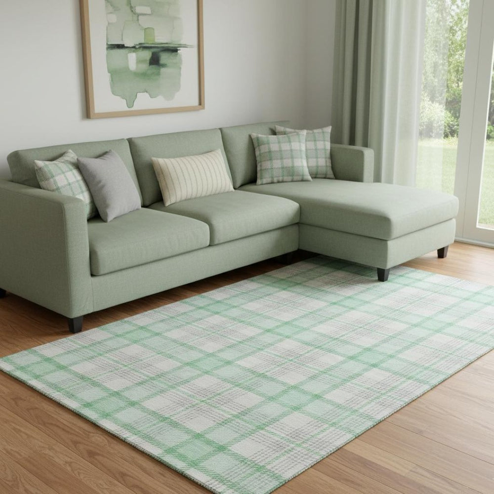 HomeRoots 8' X 10' Washable Aqua Ivory Green Plaid Area Rug - Durable, Stain Resistant, UV Protection, Cozy Comfort 682509