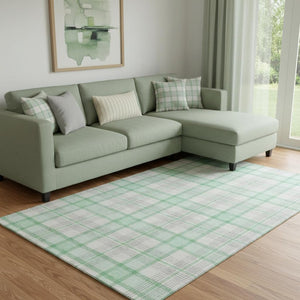 HomeRoots 8' X 10' Washable Aqua Ivory Green Plaid Area Rug - Durable, Stain Resistant, UV Protection, Cozy Comfort 682509