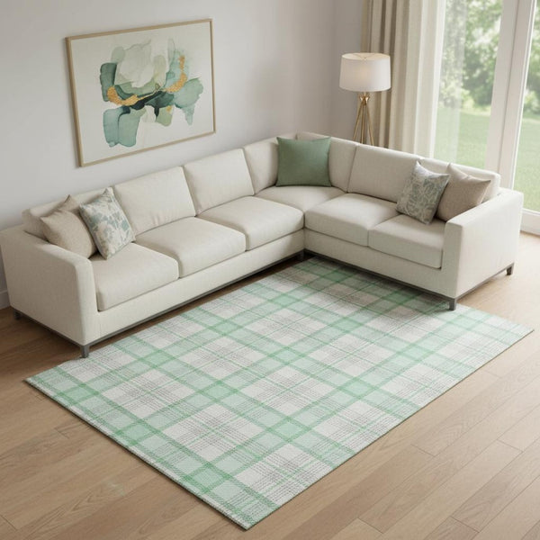 HomeRoots 9' X 12' Aqua, Ivory & Green Plaid Washable Area Rug | UV Protection for High-Traffic Spaces 682510