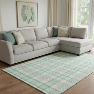 HomeRoots 10' X 14' Aqua Ivory Green Plaid Washable Area Rug with Stain Resistance & UV Protection for Homes 682511