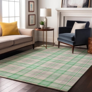 HomeRoots 10' X 14' Aqua Ivory Green Plaid Washable Area Rug with Stain Resistance & UV Protection for Homes 682511