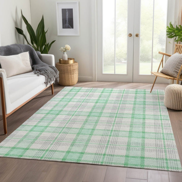 HomeRoots 10' X 14' Aqua Ivory Green Plaid Washable Area Rug with Stain Resistance & UV Protection for Homes 682511