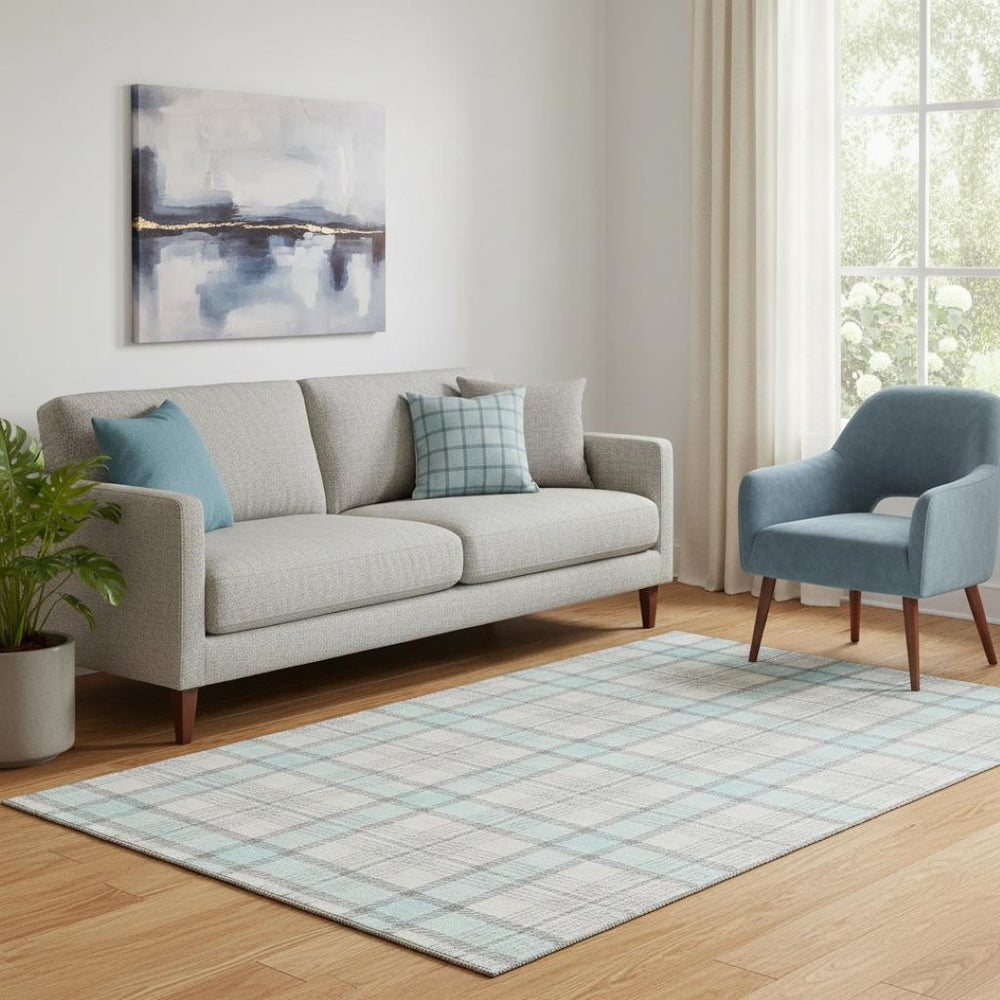 HomeRoots 5' X 8' Sky Blue, Ivory & Gray Plaid Washable Area Rug with UV Protection for Homes with Kids & Pets 682513