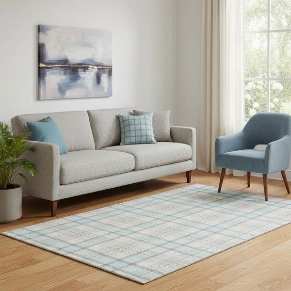 HomeRoots 5' X 8' Sky Blue, Ivory & Gray Plaid Washable Area Rug with UV Protection for Homes with Kids & Pets 682513