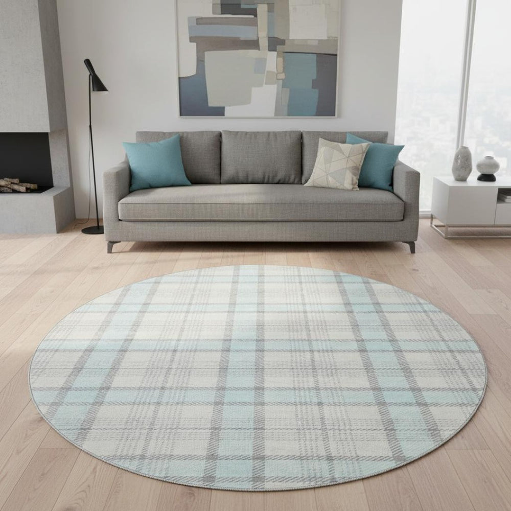 HomeRoots 8' Sky Blue, Ivory & Gray Plaid Washable Round Rug with UV Protection for Easy Care & Style 682514