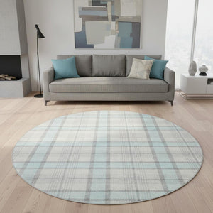 HomeRoots 8' Sky Blue, Ivory & Gray Plaid Washable Round Rug with UV Protection for Easy Care & Style 682514