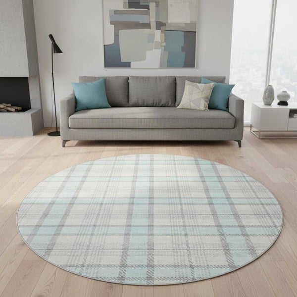 HomeRoots 8' Sky Blue, Ivory & Gray Plaid Washable Round Rug with UV Protection for Easy Care & Style 682514